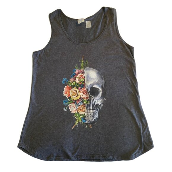 Tops - Skull and Flowers Tank Top in Gray XL